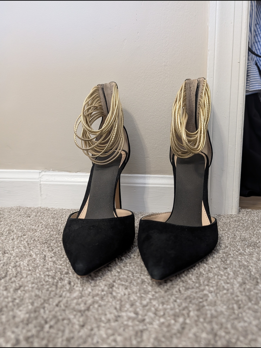 Vince Camuto Black Pointed Toe Heels with Gold Coil Ankle Wraps